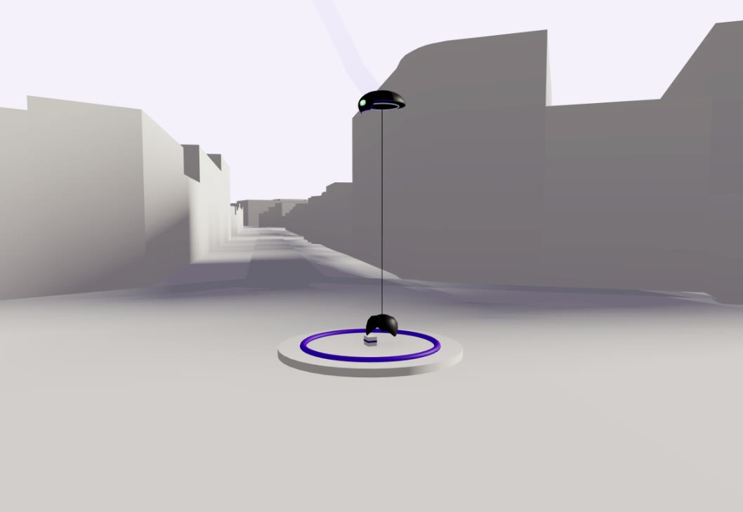 MaxFly — the drone lowering a package by winch onto the landing pad, in 3D (simulation)