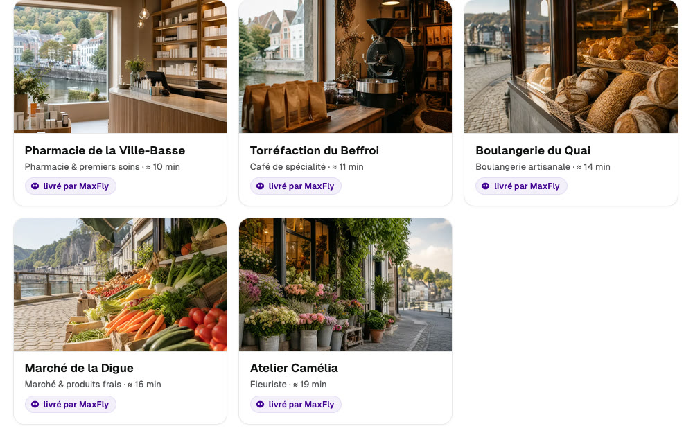 MaxFly Vega — the client app, neighbourhood merchants (simulation)